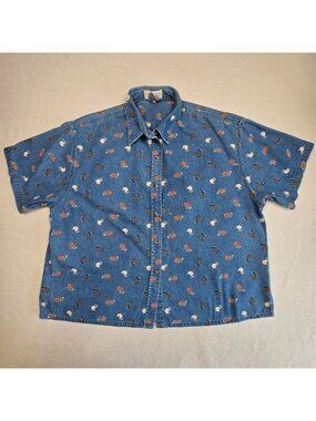 Mandal Bay 2X Farmcore Chickens Button-Up Short Sleeve Denim Shirt Blue Roosters
